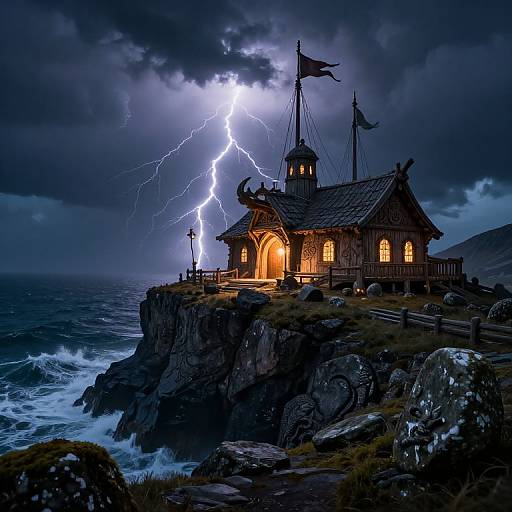 Stormy Viking Longhouse on Cliff