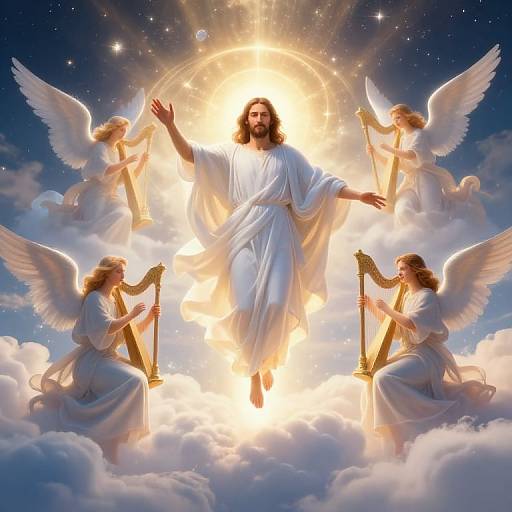 Digital art of Jesus with glowing halo, surrounded by four angels with wings, floating on clouds under a radiant, starry sky.