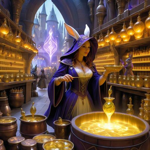 Anthropomorphic Rabbit Sorceress Brewing Potion