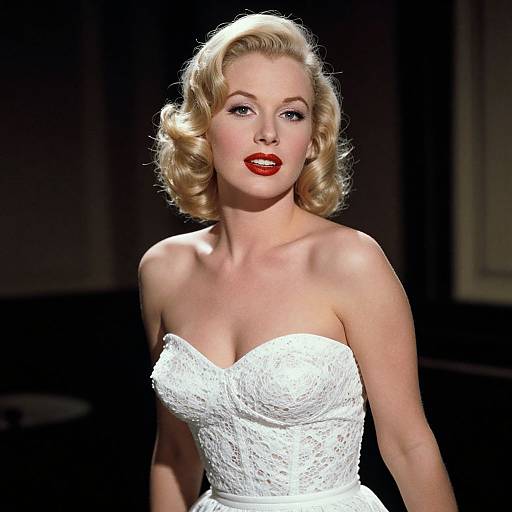 Photograph of a blonde woman with vintage curled hair, wearing a strapless white lace dress, and bold red lipstick, against a dark background.