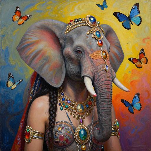 Vibrant digital painting of a decorated elephant-headed deity with large white tusks, adorned with gold jewelry and colorful gems, surrounded by blue and orange