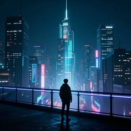 Silhouetted person stands on a neon-lit rooftop, gazing at a futuristic cityscape with towering skyscrapers and vibrant blue and pink