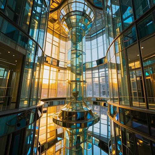 Photograph of a modern, glass-walled atrium with a central, cylindrical glass structure, illuminated by warm yellow and cool blue lights.