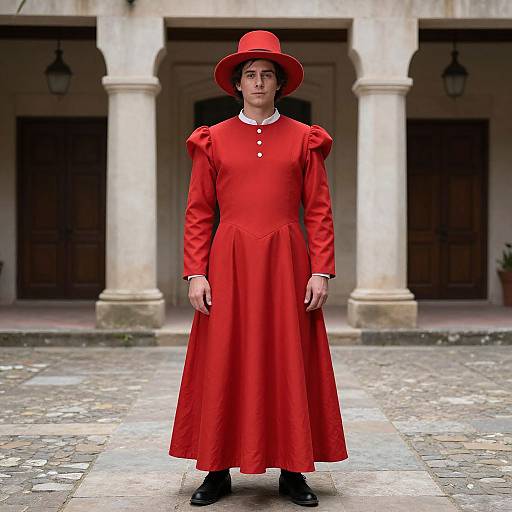 Photograph of a woman in a vibrant red, long-sleeved dress with puffed shoulders and matching red hat, standing on a cobblestone