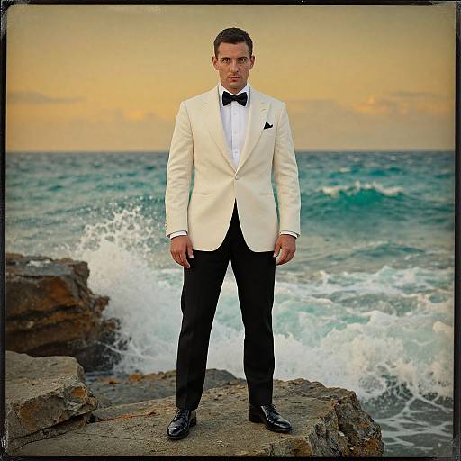 Man in Ivory Tuxedo at Sunset