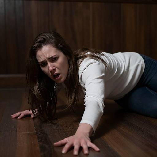 Terrified Woman Crawling Across Wooden Floor