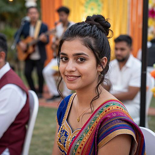 Photograph of a smiling South Asian woman with dark hair in a bun, wearing a colorful embroidered traditional dress, in an outdoor event with musicians in the