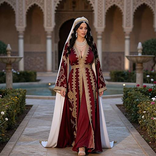 Photograph of a beautiful South Asian woman in a deep burgundy traditional dress with gold embroidery, white veil, and pearl jewelry, standing in an orn