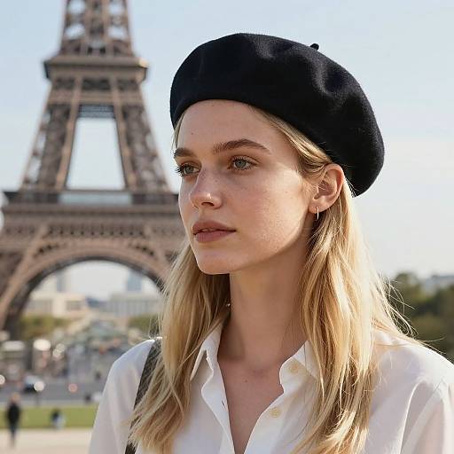 Photograph of a blonde woman with fair skin, wearing a black beret and white shirt, standing in front of the Eiffel Tower.