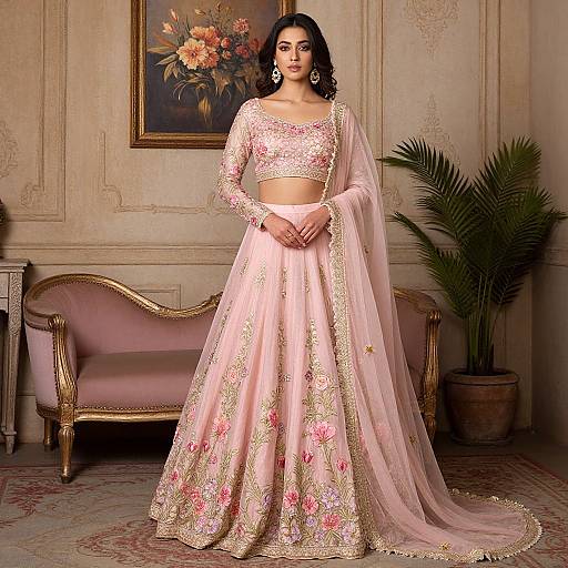 Photograph of a beautiful South Asian woman in a pink floral embroidered traditional lehenga with a matching cropped top and long dupatta, standing in an elegant
