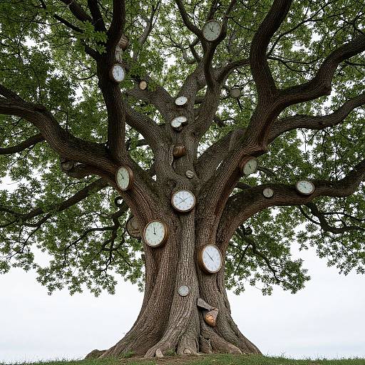 Photograph of a large, old tree with thick branches, adorned with various-sized white clocks, each showing different times, against a stark white background.