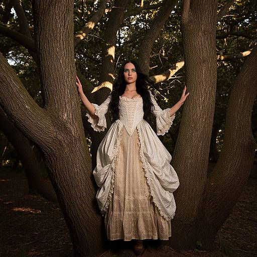 Photograph of a dark-haired woman in a cream, lace-trimmed, Victorian-style dress, standing between tree trunks in a dimly lit