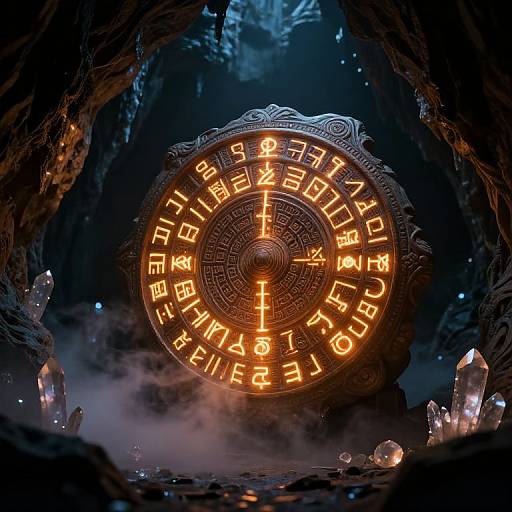 Mystical, glowing, circular clock with runes, illuminated in fiery orange, set within a dark, cavernous, crystal-studded environment, envelop
