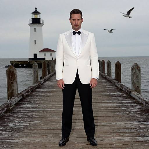 Photograph of a serious man in a white tuxedo, black bow tie, and black pants standing on a wooden pier with a white lighthouse