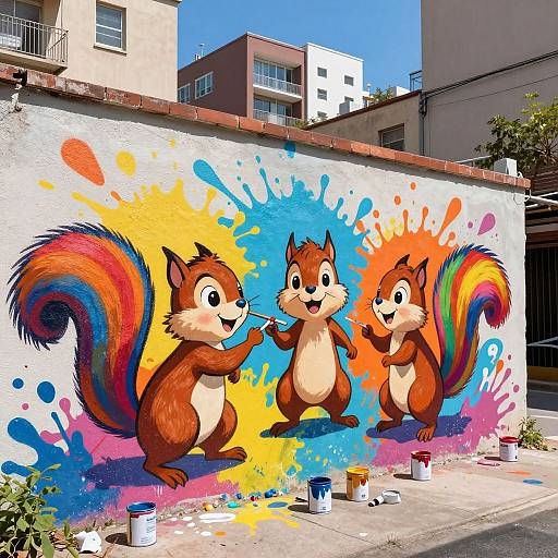 Vibrant mural of three cartoon squirrels with rainbow-colored tails, painting colorful splashes on a white wall in an urban alley.