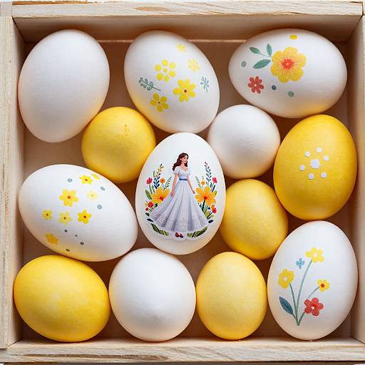 Photograph of a wooden box containing white and yellow decorated Easter eggs, with one egg featuring a painted bride in a white dress surrounded by flowers.