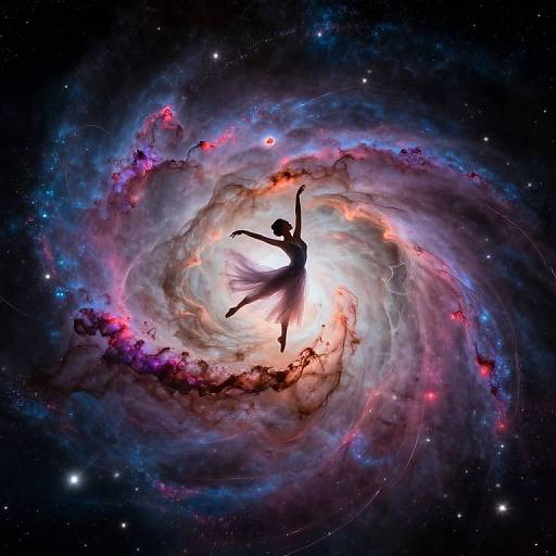 Silhouetted dancer in graceful pose, arms raised, surrounded by vibrant, swirling nebula with colorful gas clouds and stars in space. Digital art