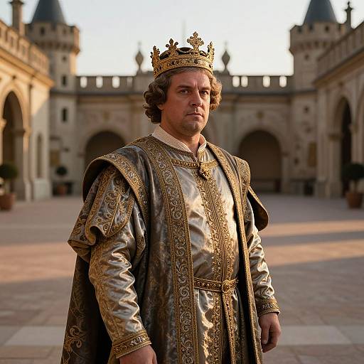Photograph of a middle-aged man with curly brown hair, wearing an ornate gold crown and medieval royal robes, standing in a sunlit castle courtyard
