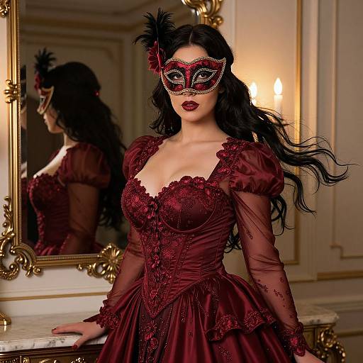Photorealistic digital art of a woman with long black hair, wearing a red lace corset dress, black feathered masquerade mask, in