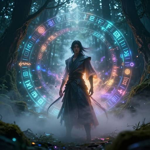 Digital fantasy artwork of a dark-haired, masked warrior with glowing blue and orange runes behind, standing in a misty, forested night.