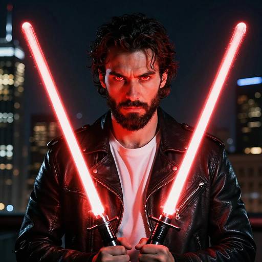 Rugged Man with Red Lightsabers