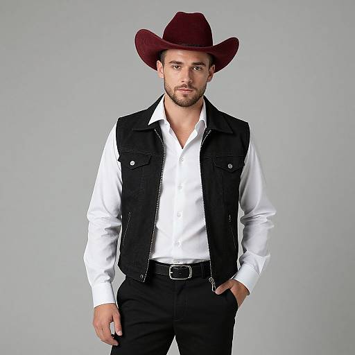 Photograph of a handsome man with light skin and trimmed beard, wearing a maroon cowboy hat, white shirt, black vest, and black pants,