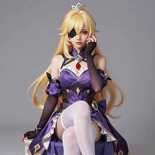CGI image of a blonde cosplayer in a purple and black anime-style outfit with an eye patch, tiara, and white thigh-high stockings.