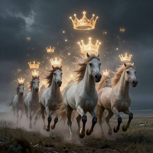 Digital artwork of galloping white horses with glowing golden crowns floating above, set against a dark, stormy sky with misty ground.