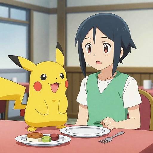 Anime Scene with Pikachu and Character at Restaurant