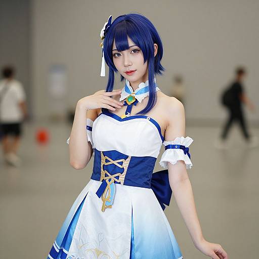 Digital CGI image of an Asian woman in a blue and white anime-style dress with gold accents, blue hair, and white hairpin, standing in a