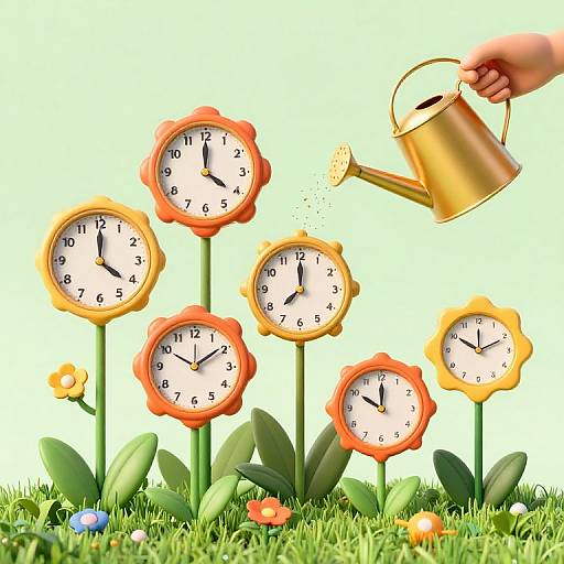 Digital illustration of six clock-flower hybrids with orange petals, green stems, and white faces, being watered by a golden watering can. Background: