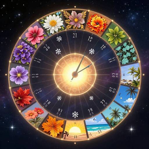 Digital clock featuring vibrant floral segments with numbers, set against a starry night sky and sunny beach scenes, showcasing a blend of nature and time.