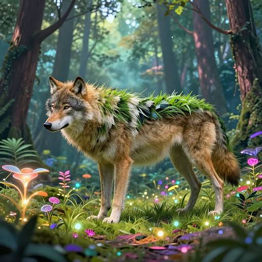 Digital art of a wolf with a grassy, green back standing in a magical forest, surrounded by glowing mushrooms and colorful lights.