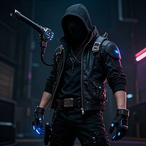 Dark, hooded figure in black tactical gear with glowing blue accents, holding a gun, standing in a neon-lit urban alley. Photorealistic
