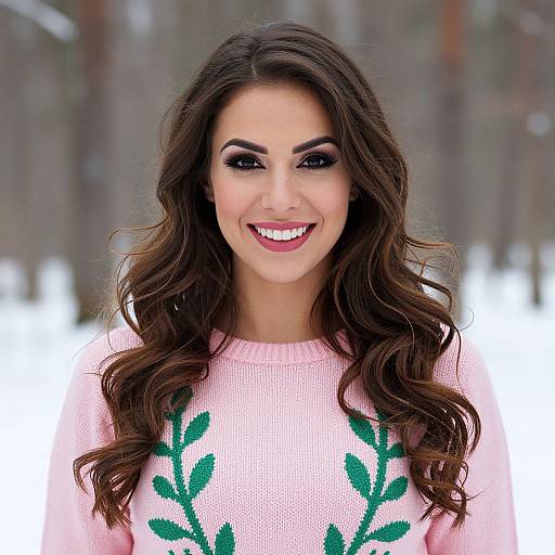Photograph of a smiling woman with long, wavy brown hair, wearing a pink sweater with green leaf patterns, standing outdoors in a snowy, wooded