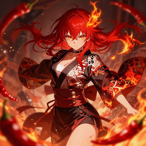Digital anime artwork of a fierce red-haired woman with fiery eyes, wearing a black kimono with red flame patterns, surrounded by blazing fire and chili peppers