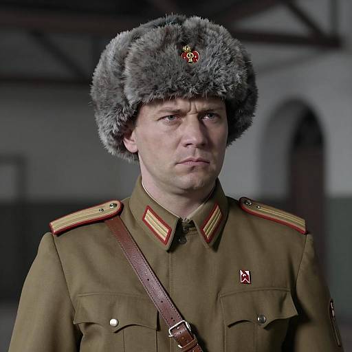 Man in Soviet Military Uniform with Fur Hat