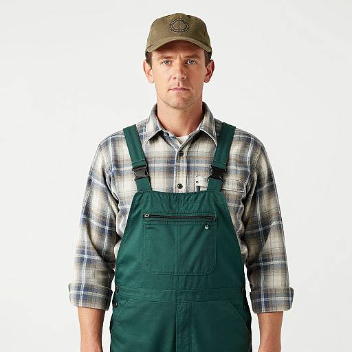 Photograph of a Caucasian man with light skin, wearing a green cap, plaid shirt, and dark green overalls, standing against a white background