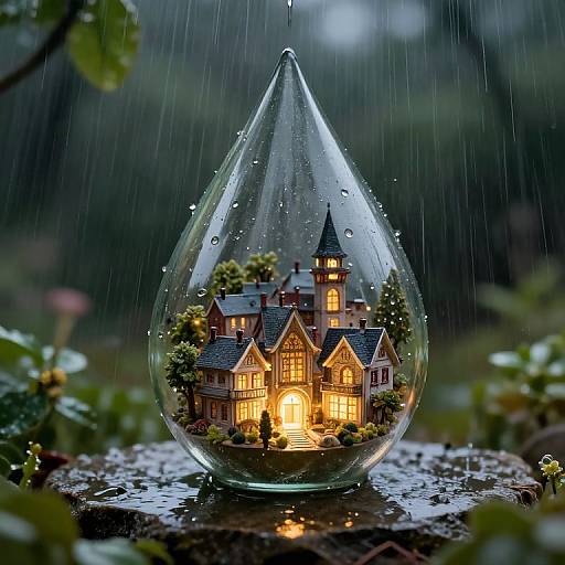 Photograph of a glass teardrop containing a glowing, detailed mini-house with warm lights, surrounded by raindrops and a dark, rainy forest background