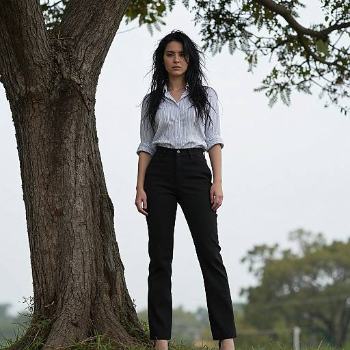 Photograph of a young woman with long black hair, wearing a white striped shirt and black pants, standing confidently against a large tree in a natural outdoor