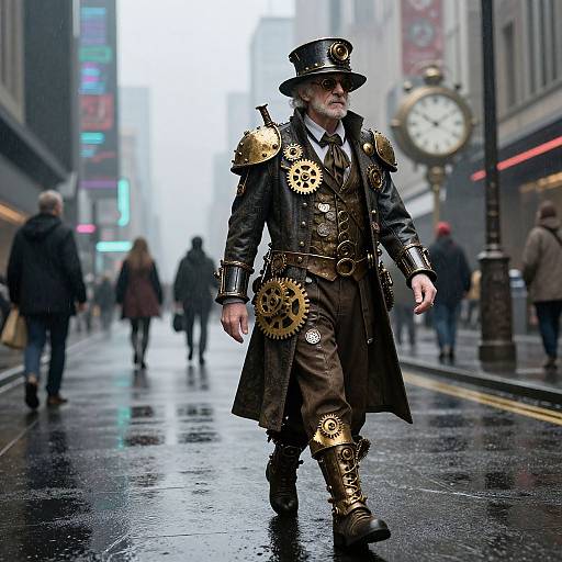 Steampunk man in black leather coat adorned with gold gears and cogs, top hat, walking on wet, foggy city street.
