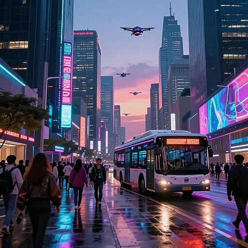 Vibrant cityscape at dusk: neon-lit skyscrapers, flying drones, rainy street reflecting colorful lights, busy pedestrians, and a white