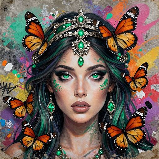Digital artwork of a striking woman with green eyes, dark hair, wearing a jeweled crown and earrings, surrounded by vibrant orange butterflies, against a colorful