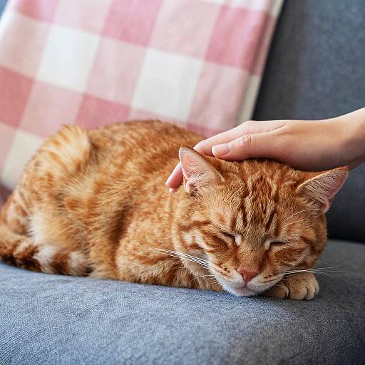 Photograph of a sleeping orange tabby cat with closed eyes on a blue couch, being gently petted by a hand. Pink and white checkered
