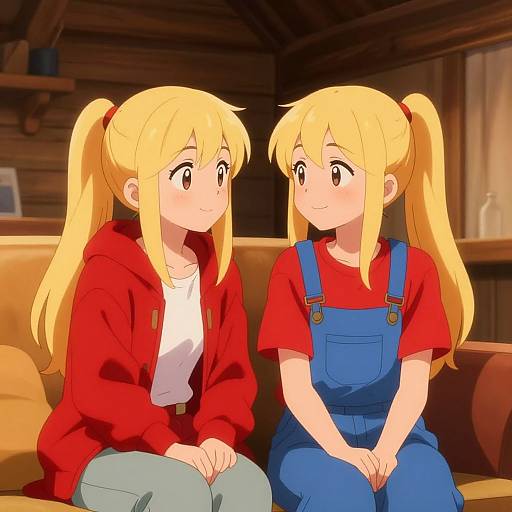 Anime-style digital drawing of two blonde girls with long pigtails, one in a red hoodie and white shirt, the other in a red shirt and
