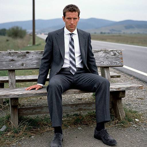 Photograph of a serious-looking man in a dark pinstripe suit and striped tie, sitting on a weathered wooden bench beside a rural road.