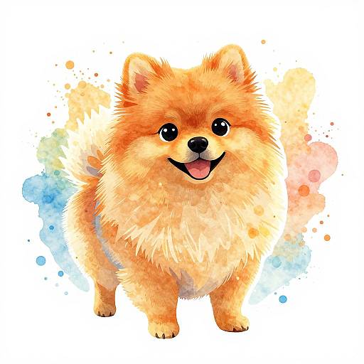 Digital watercolor illustration of a fluffy, orange Pomeranian puppy with black eyes and a happy open-mouth smile, surrounded by colorful splashes on a