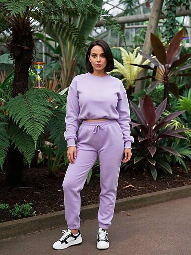 Photograph of a young woman with medium skin tone, black shoulder-length hair, wearing a light purple sweatset and white sneakers, standing outdoors in front