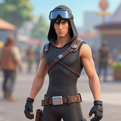 CGI image of a muscular, handsome young man with dark hair, wearing a black hooded leather outfit, goggles, and gloves, standing in a