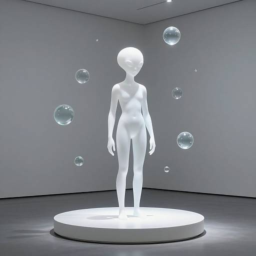 Photorealistic CGI of a glowing, white, featureless, nude child figure standing on a circular light base, surrounded by floating transparent bubbles in a